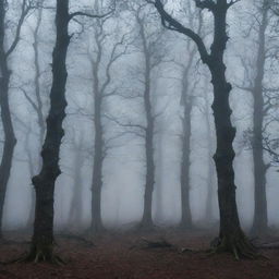 A chilling, macabre forest at dusk, with twisted, gnarly trees and a hovering mist giving off an eerie glow.