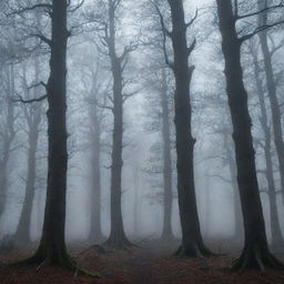 A chilling, macabre forest at dusk, with twisted, gnarly trees and a hovering mist giving off an eerie glow.