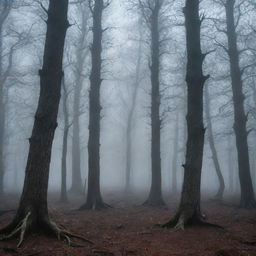 A chilling, macabre forest at dusk, with twisted, gnarly trees and a hovering mist giving off an eerie glow.