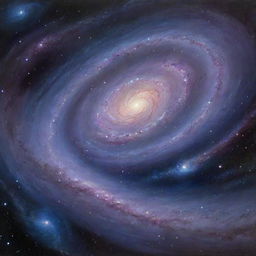 A breathtaking painting of a galaxy, with swirling bands of stars, gases, and dust illuminated against the vast darkness of outer space, rendered in deep blues, purples, and shimmering silvers.