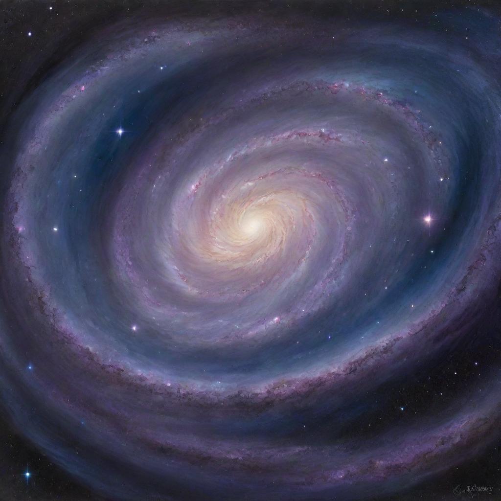 A breathtaking painting of a galaxy, with swirling bands of stars, gases, and dust illuminated against the vast darkness of outer space, rendered in deep blues, purples, and shimmering silvers.