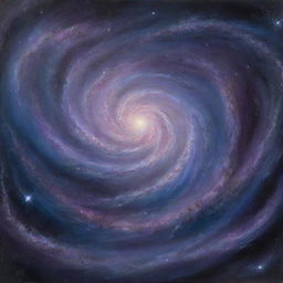 A breathtaking painting of a galaxy, with swirling bands of stars, gases, and dust illuminated against the vast darkness of outer space, rendered in deep blues, purples, and shimmering silvers.