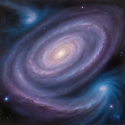 A breathtaking painting of a galaxy, with swirling bands of stars, gases, and dust illuminated against the vast darkness of outer space, rendered in deep blues, purples, and shimmering silvers.