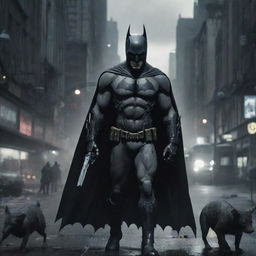 Depict Zombie Batman in a dangerous and eerie cyberpunk city filled with black, white, and grey rats in every corner. The city is rife with oppressive and strange details such as knives and abnormal imagery.