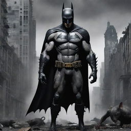 Depict Zombie Batman stationed in a cybernetic, decadently punk cityscape echoing with the presence of large black, white, and grey rats. Infuse the city with perilous and peculiar details, including knives and other oddities.