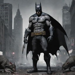 Depict Zombie Batman stationed in a cybernetic, decadently punk cityscape echoing with the presence of large black, white, and grey rats. Infuse the city with perilous and peculiar details, including knives and other oddities.