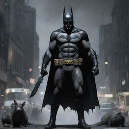 Depict Zombie Batman stationed in a cybernetic, decadently punk cityscape echoing with the presence of large black, white, and grey rats. Infuse the city with perilous and peculiar details, including knives and other oddities.