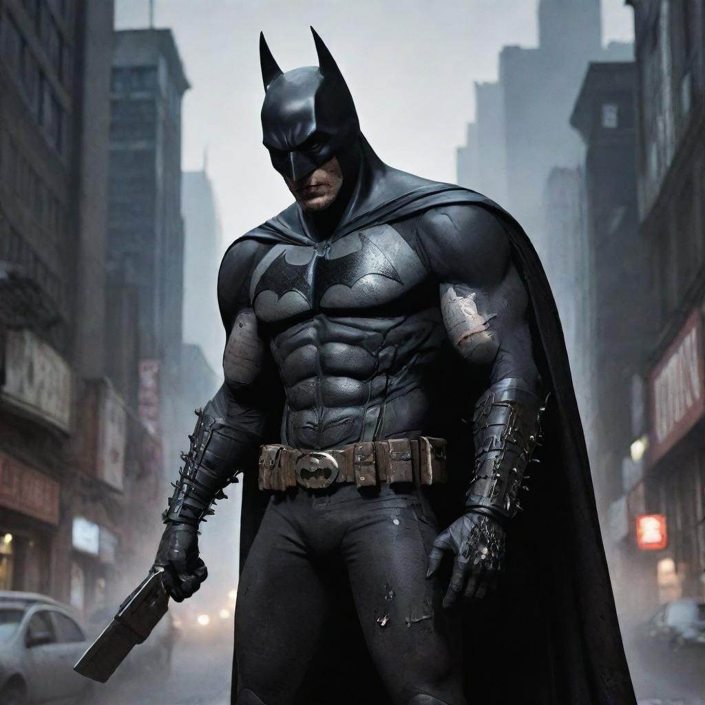 Depict Zombie Batman stationed in a cybernetic, decadently punk cityscape echoing with the presence of large black, white, and grey rats. Infuse the city with perilous and peculiar details, including knives and other oddities.