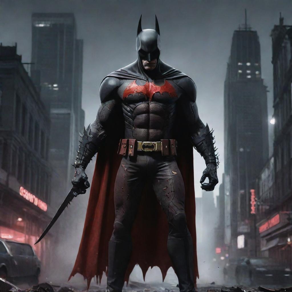 A representation of a stark red Zombie Batman living in a cybernetic, decadent punk city. The city is teeming with giant black, white and grey rats amidst eerie and dangerous details including odd knives during the atmospheric twilight.