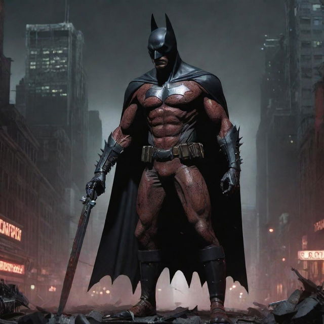 A representation of a stark red Zombie Batman living in a cybernetic, decadent punk city. The city is teeming with giant black, white and grey rats amidst eerie and dangerous details including odd knives during the atmospheric twilight.