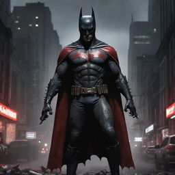 A representation of a stark red Zombie Batman living in a cybernetic, decadent punk city. The city is teeming with giant black, white and grey rats amidst eerie and dangerous details including odd knives during the atmospheric twilight.