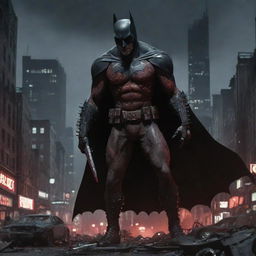 A representation of a stark red Zombie Batman living in a cybernetic, decadent punk city. The city is teeming with giant black, white and grey rats amidst eerie and dangerous details including odd knives during the atmospheric twilight.