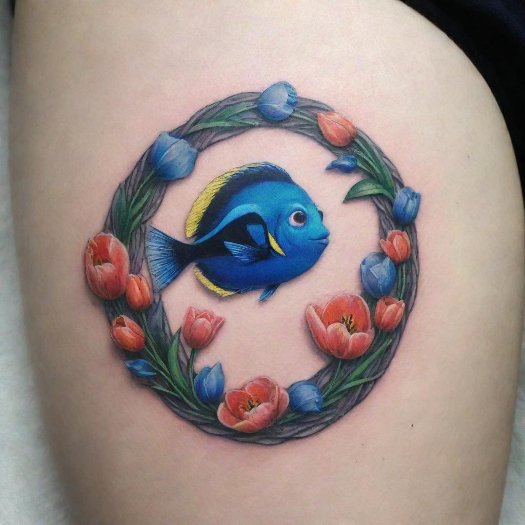 An intricate infinity-shaped tattoo design that incorporates blooming tulips and a playful image of Dory, the blue tang fish from Pixar's Finding Nemo.