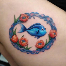 An intricate infinity-shaped tattoo design that incorporates blooming tulips and a playful image of Dory, the blue tang fish from Pixar's Finding Nemo.