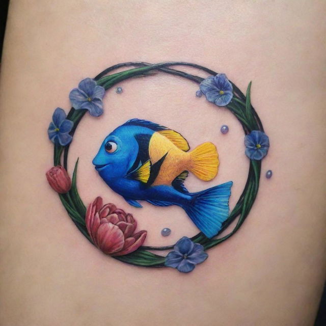 An intricate infinity-shaped tattoo design that incorporates blooming tulips and a playful image of Dory, the blue tang fish from Pixar's Finding Nemo.