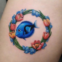 An intricate infinity-shaped tattoo design that incorporates blooming tulips and a playful image of Dory, the blue tang fish from Pixar's Finding Nemo.