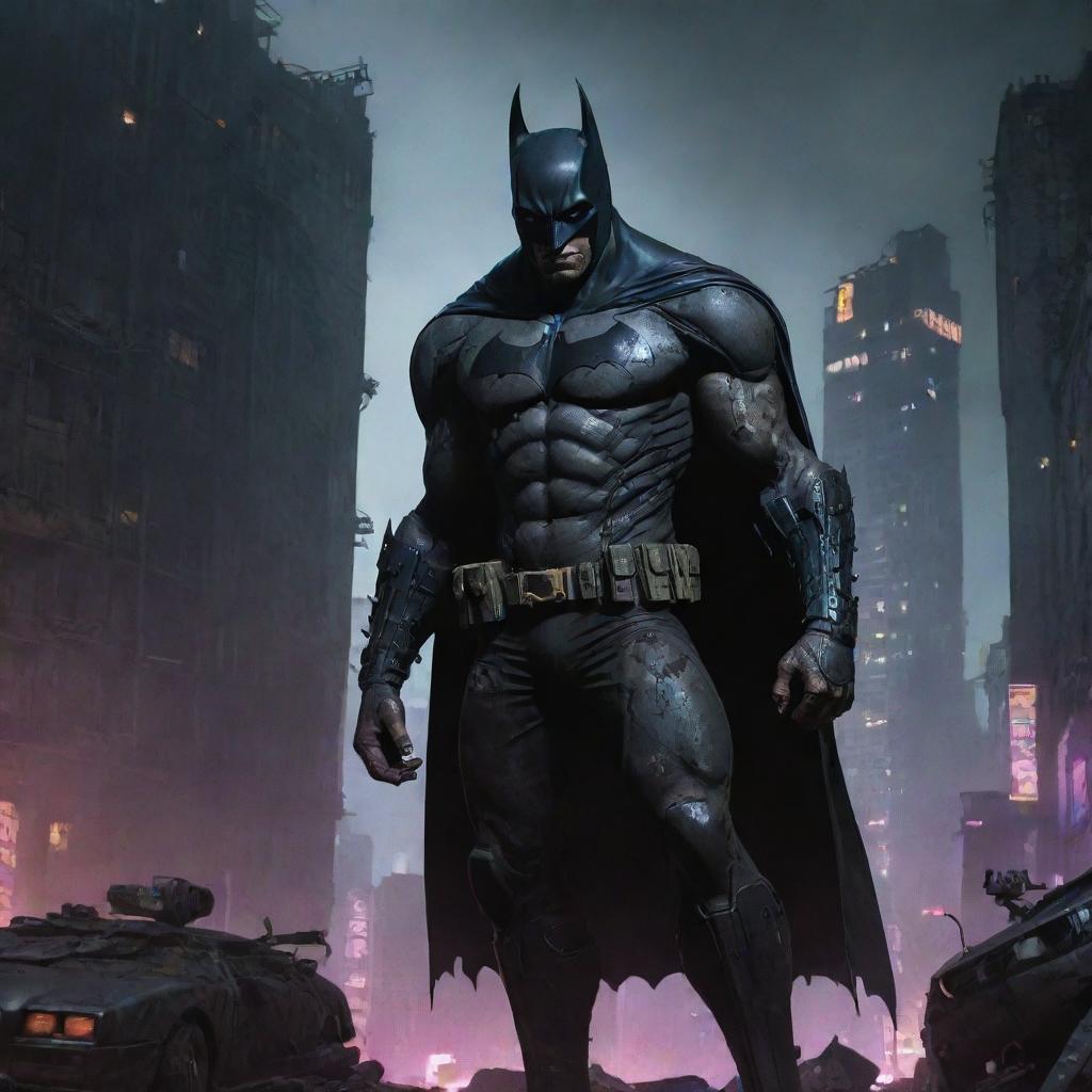 Illustrate a towering LED lit Zombie Batman in a cyberpunk milieu of decrepit, ruined buildings. Populate every corner of the image with giant rats. Distort the city with bizarre, hazardous elements, such as scattered shotguns and other oddities.