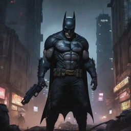 Illustrate a towering LED lit Zombie Batman in a cyberpunk milieu of decrepit, ruined buildings. Populate every corner of the image with giant rats. Distort the city with bizarre, hazardous elements, such as scattered shotguns and other oddities.