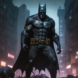 Illustrate a towering LED lit Zombie Batman in a cyberpunk milieu of decrepit, ruined buildings. Populate every corner of the image with giant rats. Distort the city with bizarre, hazardous elements, such as scattered shotguns and other oddities.