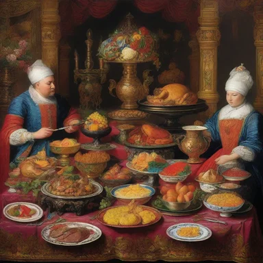 The artist used vibrant colors and intricate details to create a sybaritic painting of a lavish feast, appealing to the viewer's senses of sight and taste.