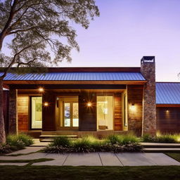 A cozy, inviting home with a landscaped front yard and warm lighting casting a welcoming glow inside. The exterior combines modern aesthetics with a rustic feel.