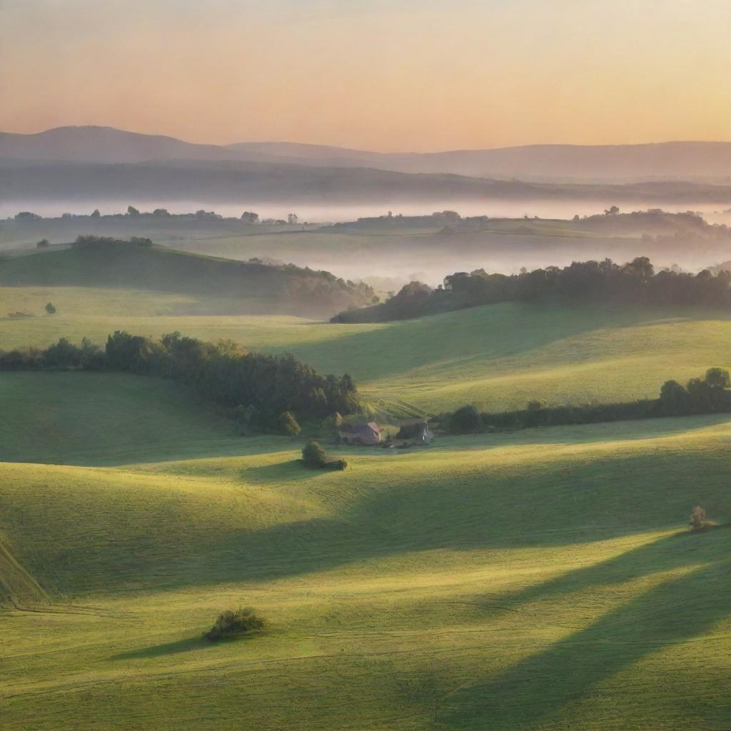 Generate an image of a peaceful countryside landscape during sunrise