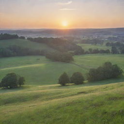 Generate an image of a peaceful countryside landscape during sunrise