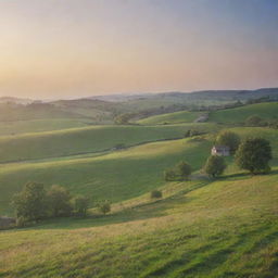 Generate an image of a peaceful countryside landscape during sunrise