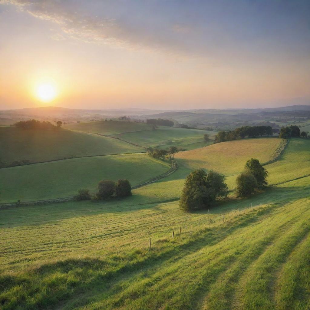 Generate an image of a peaceful countryside landscape during sunrise