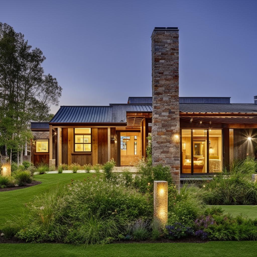 A cozy, inviting home with a landscaped front yard and warm lighting casting a welcoming glow inside. The exterior combines modern aesthetics with a rustic feel.