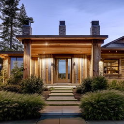 A cozy, inviting home with a landscaped front yard and warm lighting casting a welcoming glow inside. The exterior combines modern aesthetics with a rustic feel.