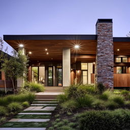 A cozy, inviting home with a landscaped front yard and warm lighting casting a welcoming glow inside. The exterior combines modern aesthetics with a rustic feel.