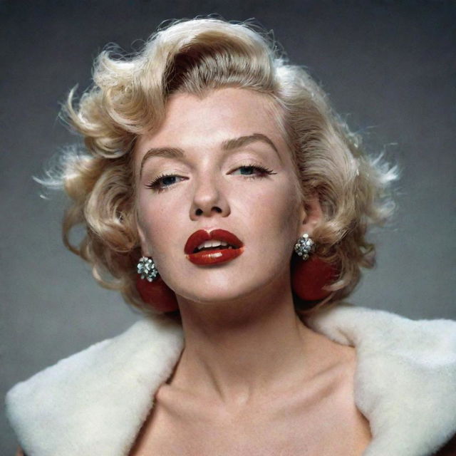 Marilyn Monroe, with her head tilted back, showcasing a thick neck with a pronounced Adam's apple nestled inside, giving an unconventional depiction to her iconic beauty.