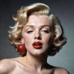 Marilyn Monroe, with her head tilted back, showcasing a thick neck with a pronounced Adam's apple nestled inside, giving an unconventional depiction to her iconic beauty.