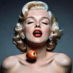 Unconventional portrayal of Marilyn Monroe, her head tilted upwards, revealing a pronounced Adam's apple within a broad neck, adding a unique dimension to her classic allure.