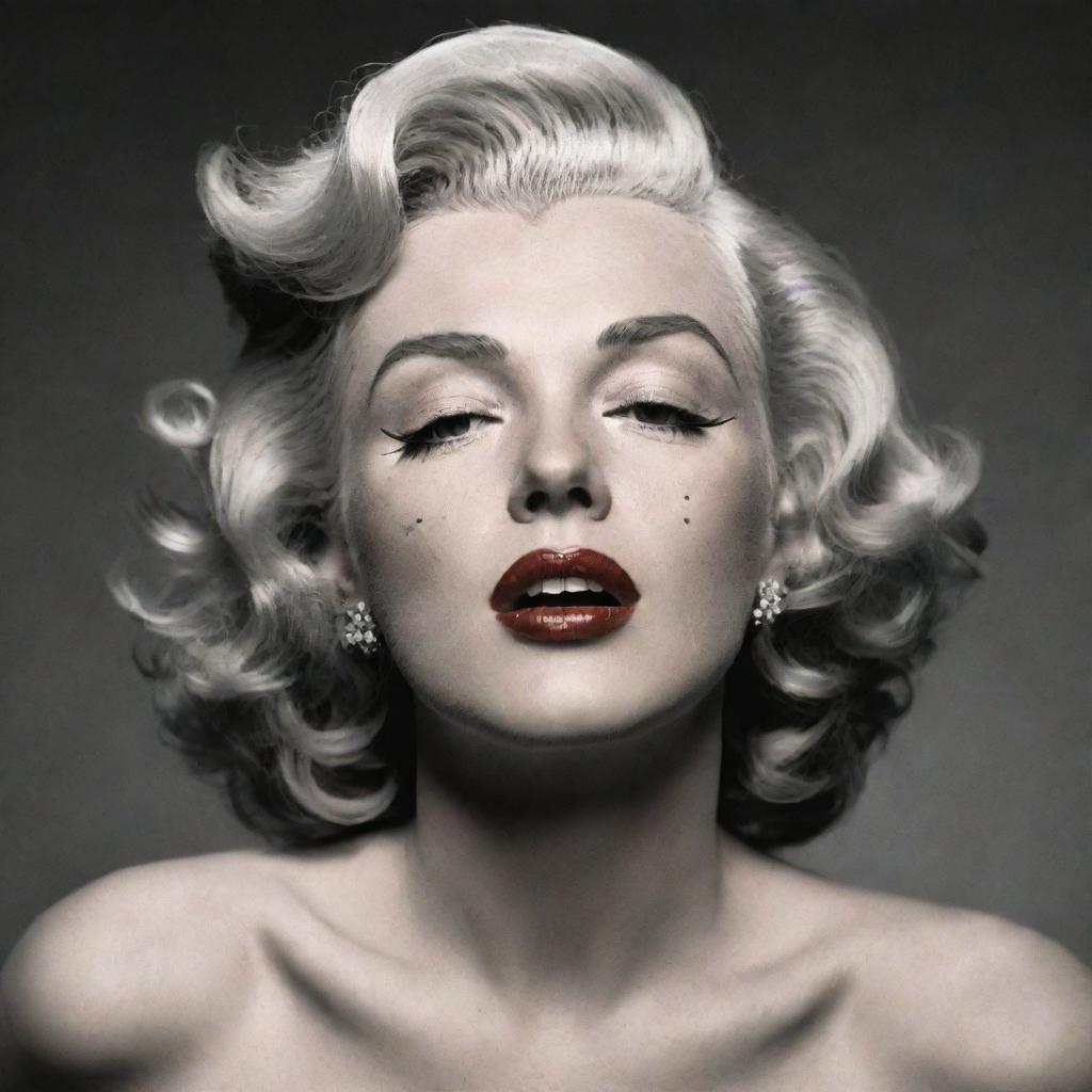 Unconventional portrayal of Marilyn Monroe, her head tilted upwards, revealing a pronounced Adam's apple within a broad neck, adding a unique dimension to her classic allure.