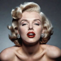 Unconventional portrayal of Marilyn Monroe, her head tilted upwards, revealing a pronounced Adam's apple within a broad neck, adding a unique dimension to her classic allure.