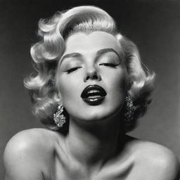 Unconventional portrayal of Marilyn Monroe, her head tilted upwards, revealing a pronounced Adam's apple within a broad neck, adding a unique dimension to her classic allure.