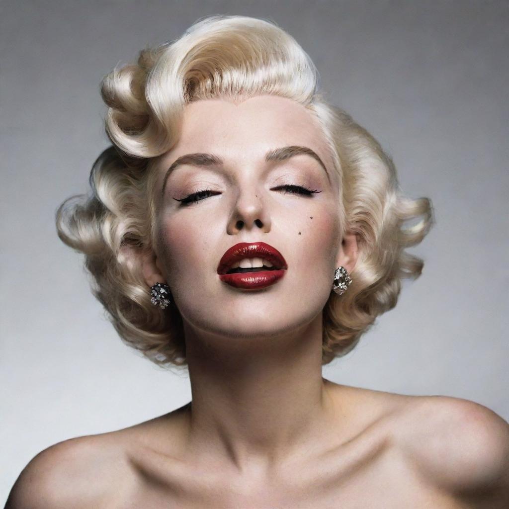 A unique reinterpretation of Marilyn Monroe with her head tilted upwards, showcasing a large neck with a clearly visible Adam's apple, merging the unexpected with her iconic beauty.