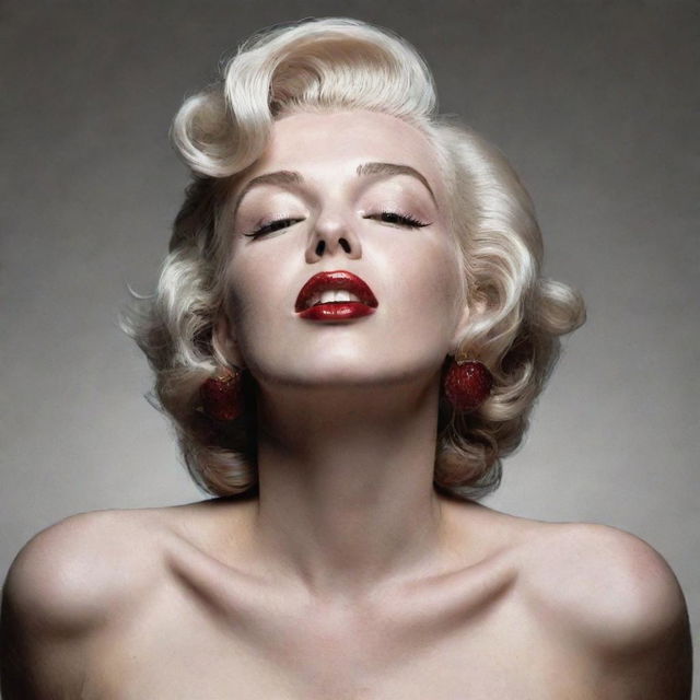 A unique reinterpretation of Marilyn Monroe with her head tilted upwards, showcasing a large neck with a clearly visible Adam's apple, merging the unexpected with her iconic beauty.