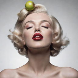 A unique reinterpretation of Marilyn Monroe with her head tilted upwards, showcasing a large neck with a clearly visible Adam's apple, merging the unexpected with her iconic beauty.