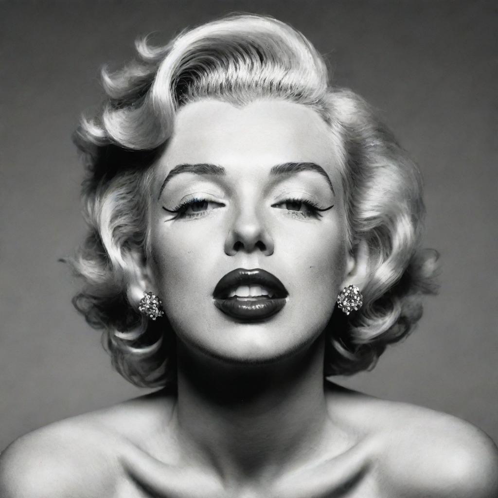 Artistic interpretation of Marilyn Monroe with her head tilted upwards, revealing a thick neck with a distinct protuberance inside, creating an unconventional fusion of iconic beauty and unique features.