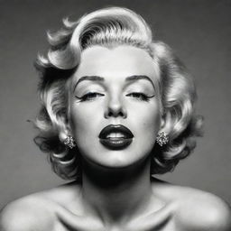 Artistic interpretation of Marilyn Monroe with her head tilted upwards, revealing a thick neck with a distinct protuberance inside, creating an unconventional fusion of iconic beauty and unique features.