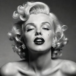 Artistic interpretation of Marilyn Monroe with her head tilted upwards, revealing a thick neck with a distinct protuberance inside, creating an unconventional fusion of iconic beauty and unique features.