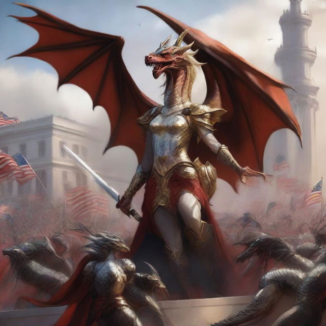 A dragon Queen leading her dragon army in the conquest of the United States during the 2036 presidential elections