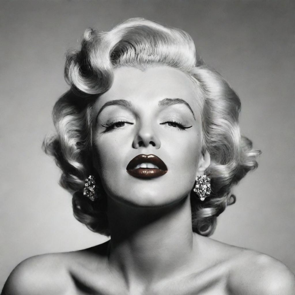 Artistic interpretation of Marilyn Monroe with her head tilted upwards, revealing a thick neck with a distinct protuberance inside, creating an unconventional fusion of iconic beauty and unique features.