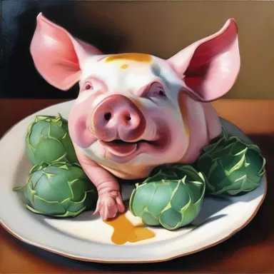The artist painted a stunning still life of a cochon de lait, capturing the succulent details of its crispy skin and tender meat.