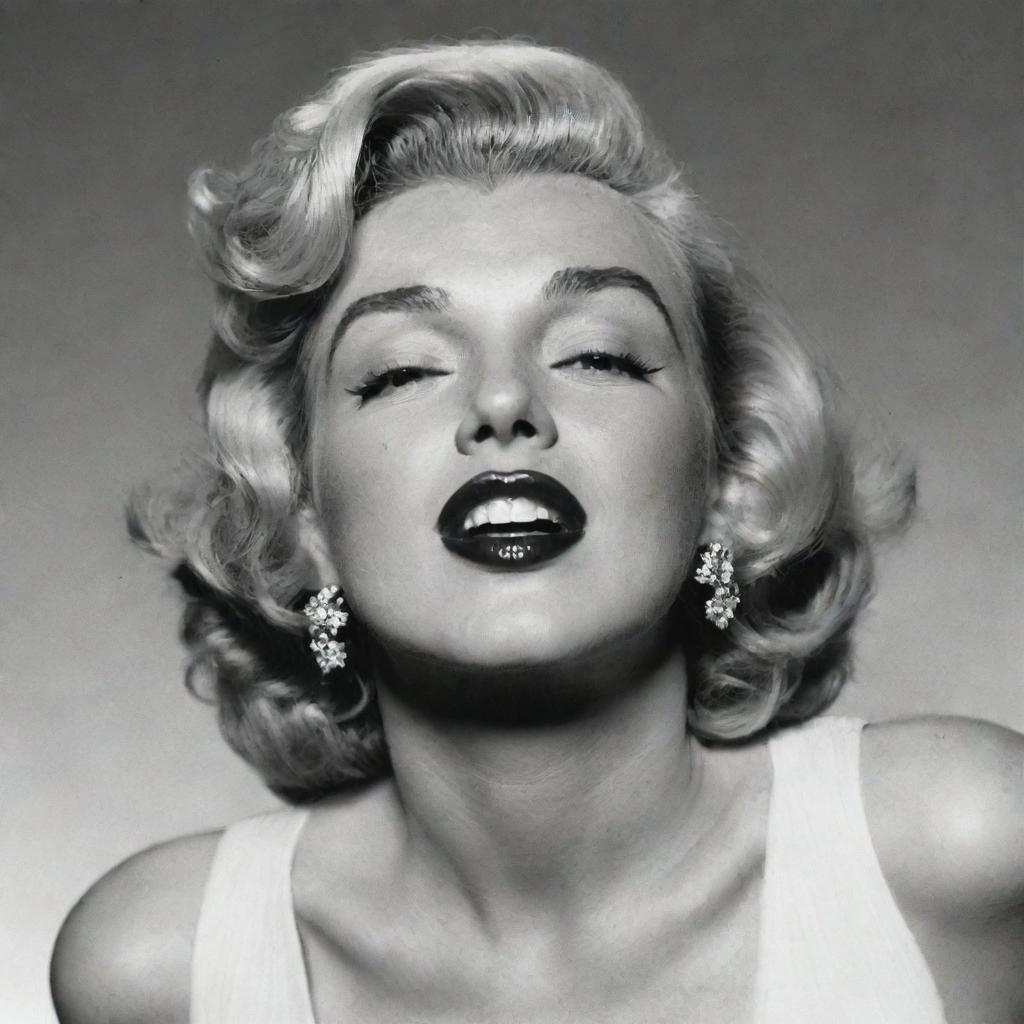 Distinctive image of Marilyn Monroe, head tilted upwards, showcasing a broad neck with a notable protuberance inside, adding an unusual twist to her iconic features.