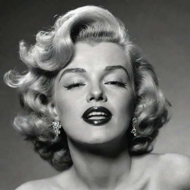 Distinctive image of Marilyn Monroe, head tilted upwards, showcasing a broad neck with a notable protuberance inside, adding an unusual twist to her iconic features.