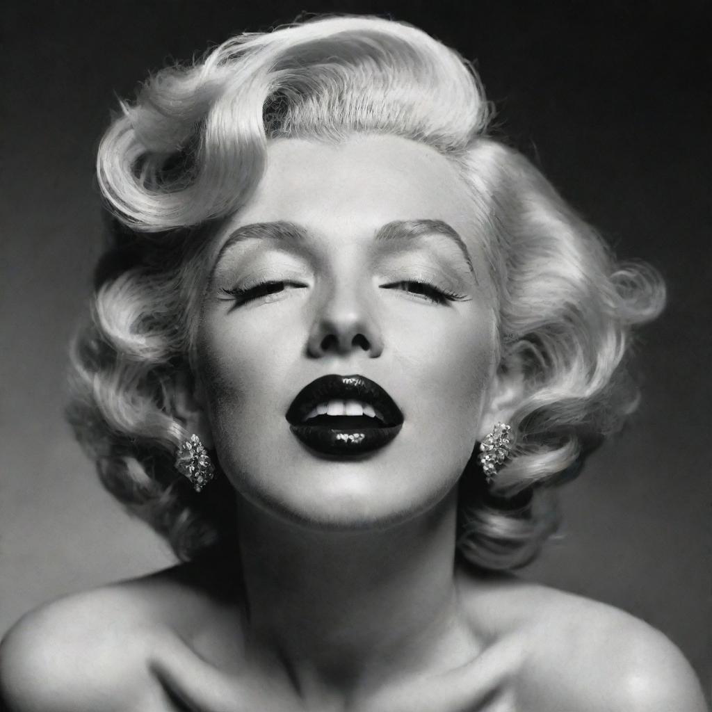 Unconventional depiction of Marilyn Monroe, her head tilted upwards, revealing a prominent neck with a visible protuberance inside, a unique fusion of her iconic beauty with a uncommon trait.